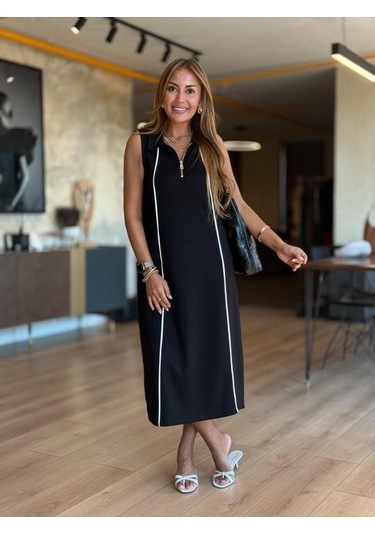 Kadın Modal Kumaş Şerit Detaylı Fermuarlı Midi Elbise Çok Renkli