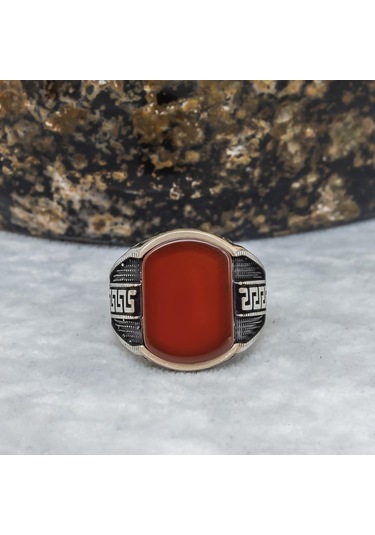 Grek Desenli Akik Taşlı 925 Gümüş Erkek Yüzük Beyaz