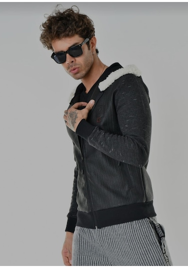 Eliesar Elite Slim Fit Kesim Kapüşonlu Mont Gri - Siyah