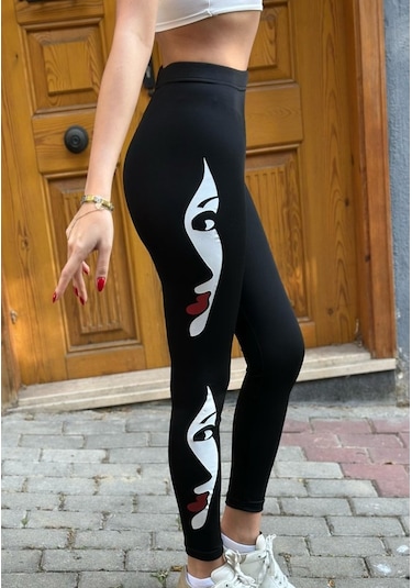 Soonaksesuar Kadın Yüz Baskılı Dalgıç Kumaş Tayt SiYAH