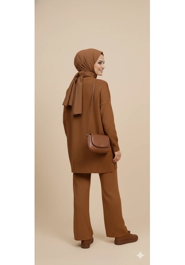 Triko Tunik Pantolon Tesettür Takım Kahve
