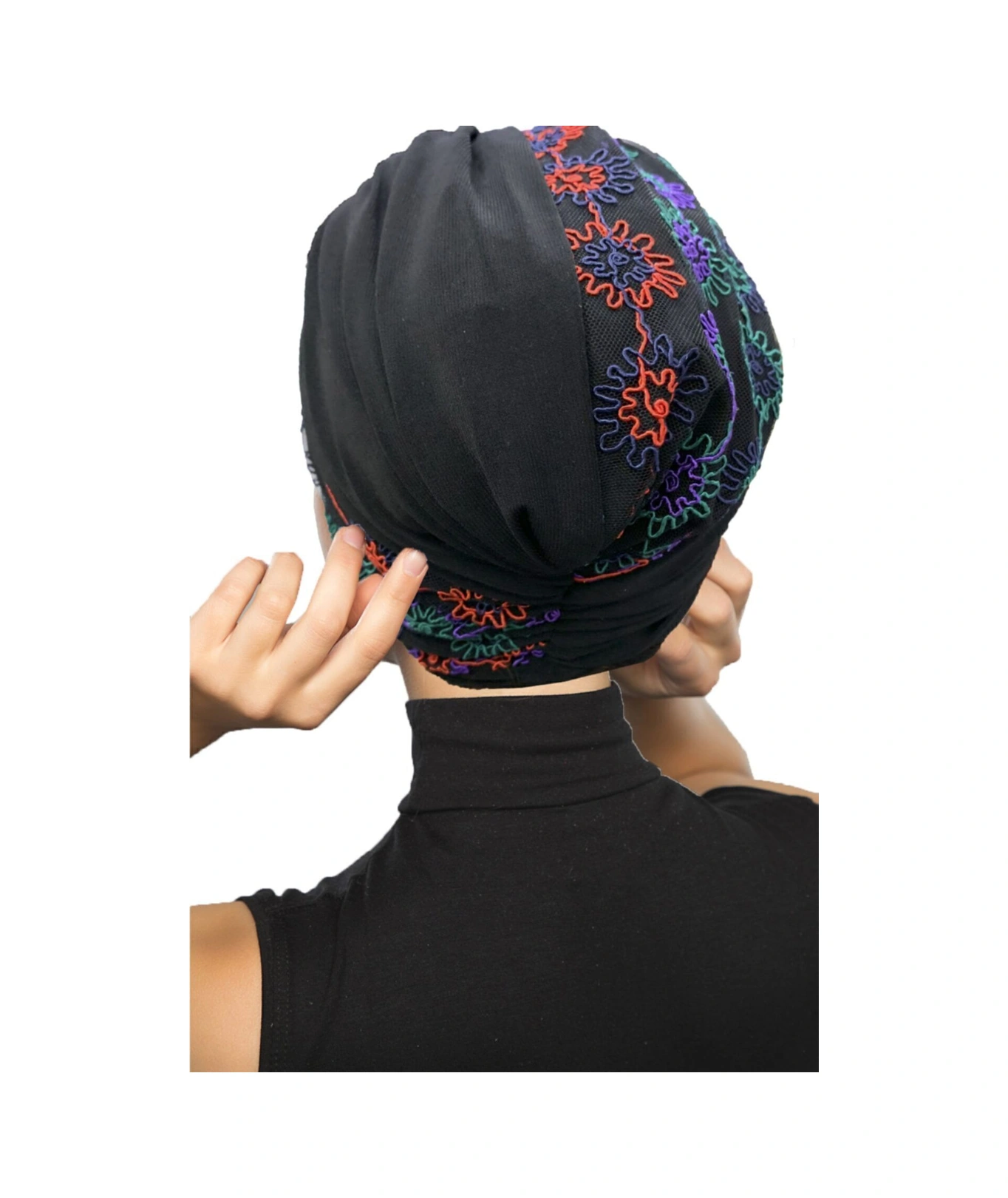 Otantik Nakış Motifli Astarlı Hazır Türban Tesettür Bone Siyah 10