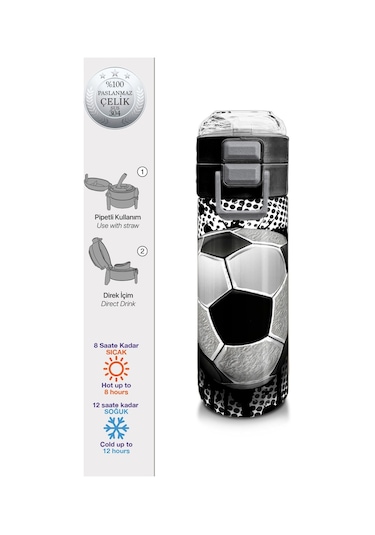 Coral High 500 Ml Pipetli Ve Direkt İçim Çelik Termos/matara - Erkek Çocuk - Futbol Desenli Çok Renkli