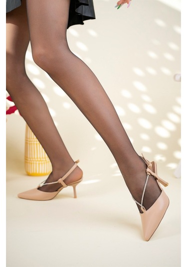 Taş Biyeli Arkası Açık Stiletto Nut-4707 Nude