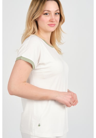 Sistas Kadın Düşük Kollu Aksesuar Detaylı Bisiklet Yaka Bluz 24276 Ekru Ekru