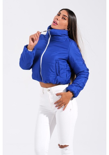 Kadın Saks Mavi Sırtı Taş Baskılı Dik Yaka Kısa Şişme Mont-saks Mavi Saks Mavi