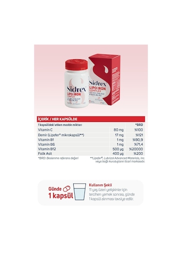 Sidrex Lipo Iron Complex Demir İçeren Takviye Edici Gıda 30 Kapsül