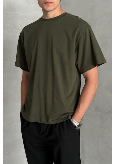 Hyman Erkek %100 Pamuk Oversize Basic T-shirt Yeşil