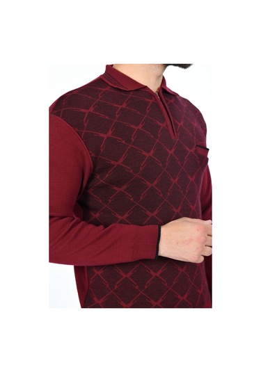 Kamalı Erkek Çelik Örgü Gömlek Yaka Cepli Fermuarlı Polo Yakalı Tüylenmeyen Triko Kışlık Baba Kazak Bordo
