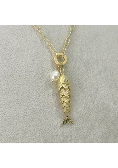 İncili Hareketli Balık Kolye Gold Gold