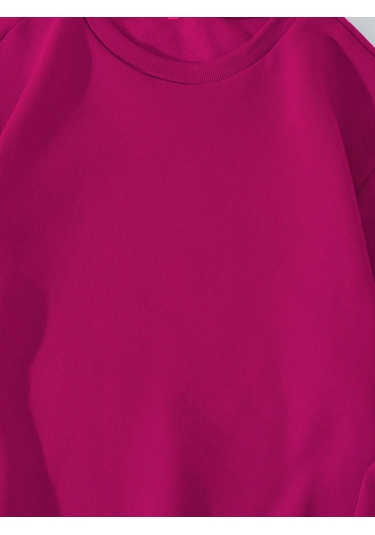 Unisex Oversize Bisiklet Yaka Basic Düz Sweatshirt - Fuşya