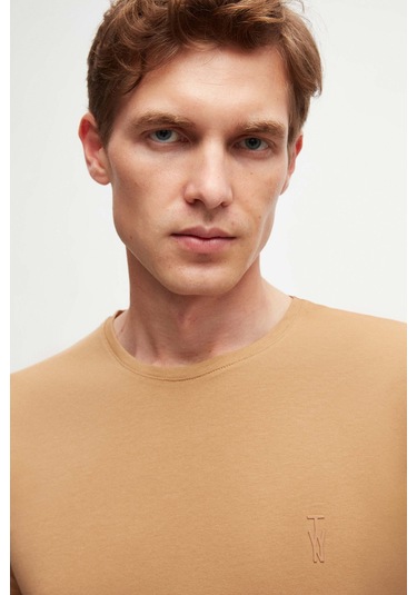 D's Damat Slim Fit Camel Düz D's Damat Logo Baskılı Strech Pamuklu T-shirt 2ec148551753m Camel