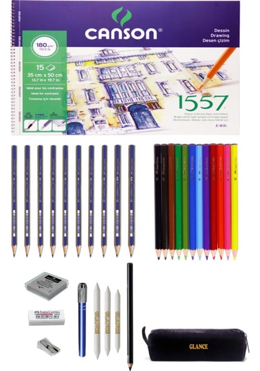 Canson 1557 Resim Defteri 35x50cm 180 Gram 15 Yaprak Karakalem Ve Kuruboya Kalemi Çizim Eskiz Seti