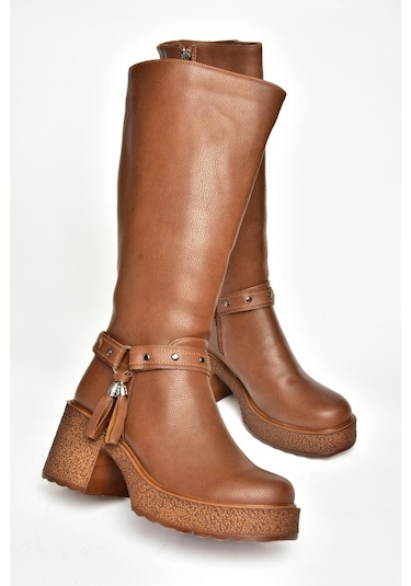 Fox Shoes T996224009 Taba Kalın Topuklu Kadın Çizme Taba