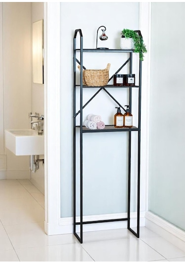 Metal Ayaklı 3 Raflı Banyo Rafı Klozet Üstü Dekoratif Raf Siyah