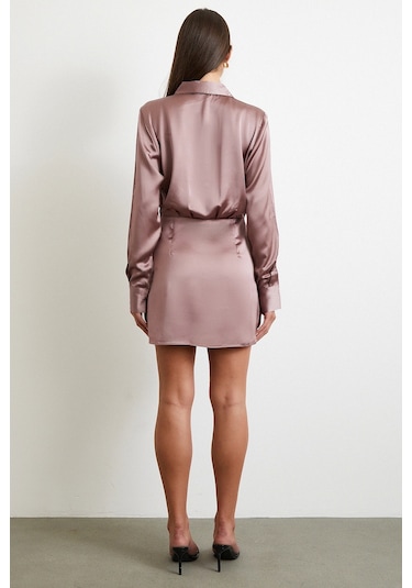 Viskon Saten Gömlek Elbise Yeşil Yeşil