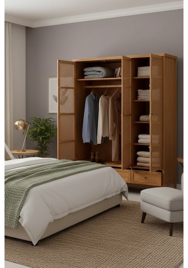Altea Rattan Detaylı Geniş Masif Gardrop Ahşap