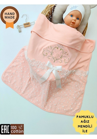 Pembe Kız Bebek Battaniyesi %100 Pamuklu Şık Dantelli Nakışlı Doğal Organik Uyku Örtüsü Yenidoğan Somon