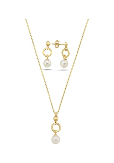 7,5 Mm Halka Doğal İnci Küpe Kolye İkili Set