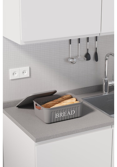 Kapaklı Plastik Ekmek Kutusu , Kulplu , Dekoratif Ekmek Saklama Kutusu , Ekmeklik Gri Gri