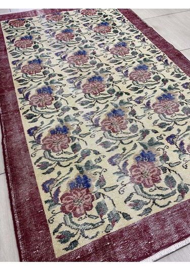 El Dokuma Eskitme 145X240 Kırmızı Mavi Güllü Vintage Yün Halı ! Kırmızı
