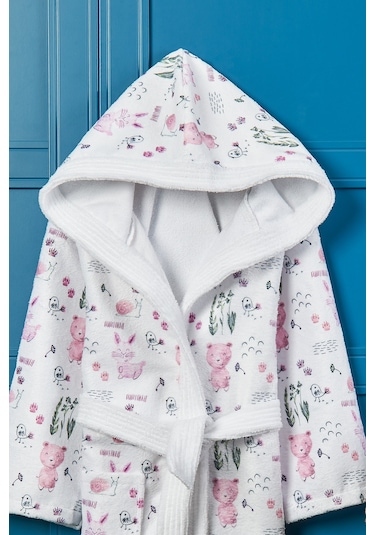 Happy Animals Dijital Baskılı Çocuk Bornozu Pembe - Beyaz