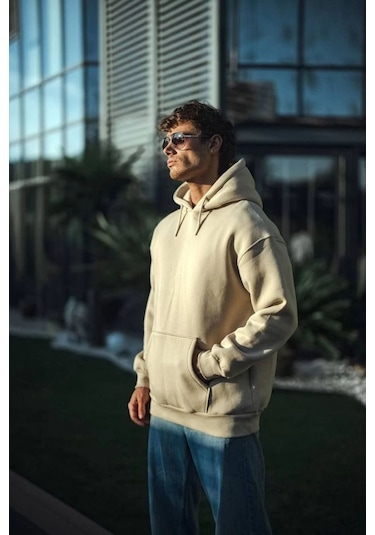 Mbb E-ticaret Erkek 3 İplik Pamuklu Kapüşonlu Basic Sweatshirt Hoodie - Bej