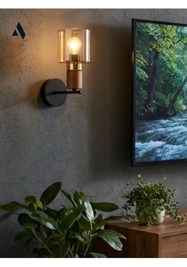 Elyra Modern Dekoratif Duvar Aplik Ahşap Detaylı Camlı Aydınlatma Bal