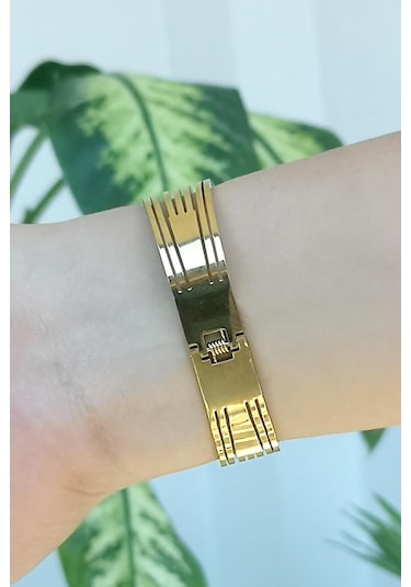 Allmisse Altın Kaplama Zirkon Taşlı Roma Rakam Detaylı Çelik Kaburga Bileklik