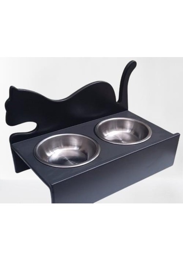 Hobi Erc Model 90375 Küçük Kedi Mama Su Kabı Mdf Antrasit Renk Paslanmaz Tabak