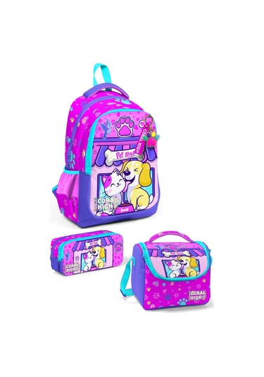 Coral High Kids Kedi Köpek Desenli 3 Lü Okul Çanta Seti Set0123646