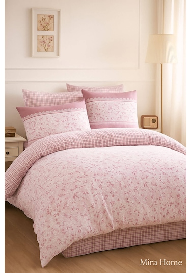 Çift Kişilik Pamuklu Nevresim Takımı Romantic Pink Çiçekli Renkli