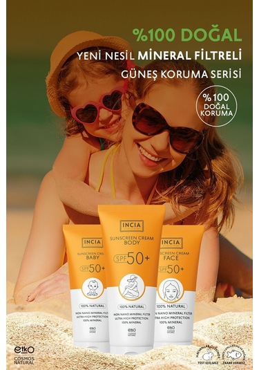 INCIA %100 Doğal Vücut Güneş Kremi Leke Karşıtı Mineral Filtreli Yüksek Koruma SPF 50+ UVA UVB 150 ML