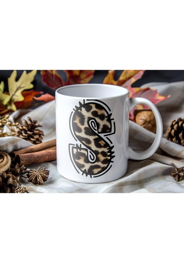 S Baş Harf Leopar Desenli Kupa Bardak - Kişiye Özel Feminen Konsept Hediye - Vahşi Hayvan Desenli Beyaz