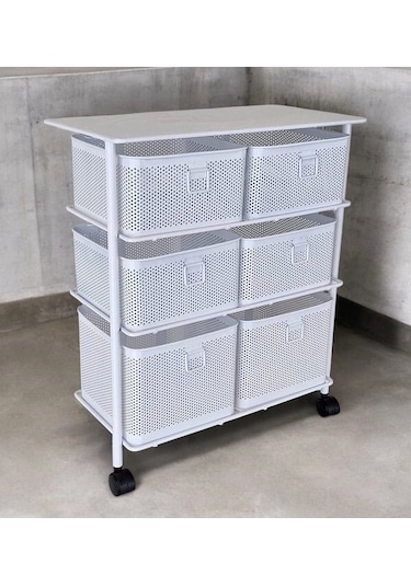 Metal Tekerlekli Paslanmaz Sebzelik 6 Bölmeli 3 Katlı Beyaz Beyaz