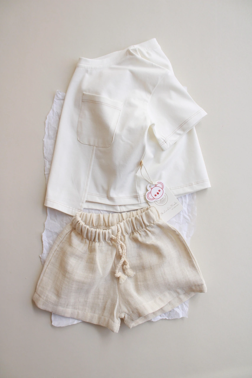 Bej Kontrast Dikişli Asimetrik Şortlu Takım Bej