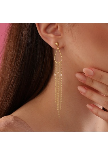 Queen Silver Jewelry 925 Ayar Gümüş Damla Tel Zirkon Sallantılı Küpe Altın