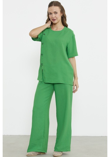 Düğme Detaylı Keten Görünümlü Rahat Takım - Yeşil Yeşil
