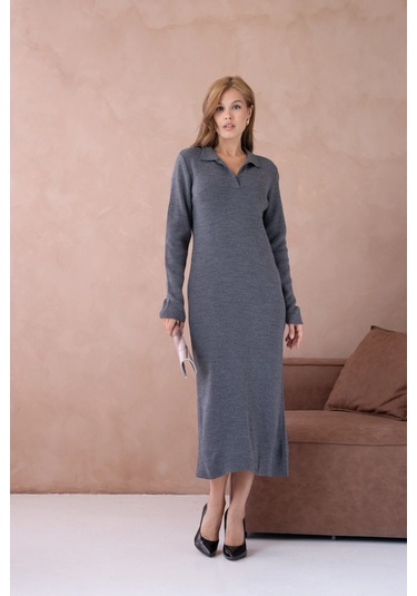 Kadın Polo Yaka Yamuşak Dokulu Maksi Boy Triko Elbise Antrasit