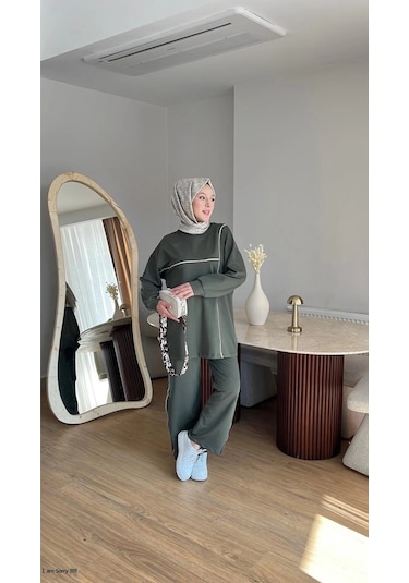 Olivia Kadın Mevsimlik Penye Alt Üst Spor Ve Rahat Tesettür İkili Takım Haki