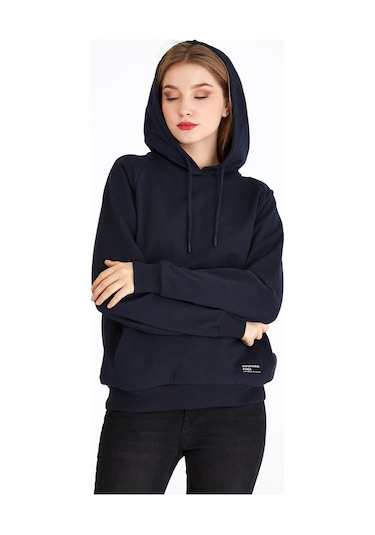 Comeor Kadın Lacivert Basic Kapüşonlu Regular Fit Rahat Sweatshirt 001