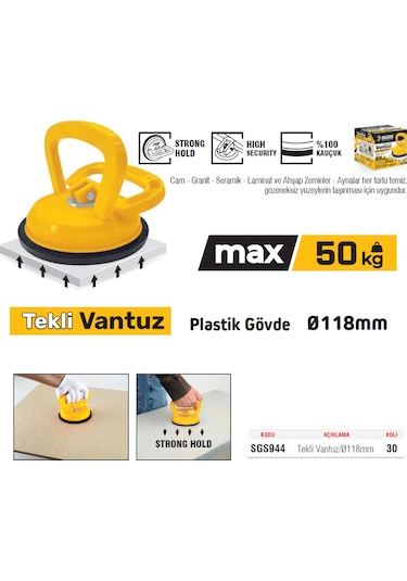 Sgs944 - 50 Kg Tekli Plastik Cam Seramik Fayans Ahşap Tutma Taşıma Vantuzu 12cm