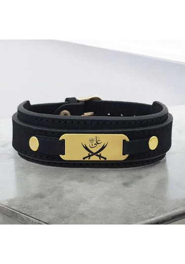 Archin Hz Ali Temalı 14 Ayar Altın Plakalı Doğal Siyah Derili Oval Motifli Hediye Bileklik-438sembol Hz Ali Temalı