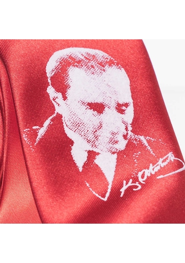 Çocuk Boy Atatürk Ve Imza Baskılı Saten Kırmızı Kravat - Ck-28