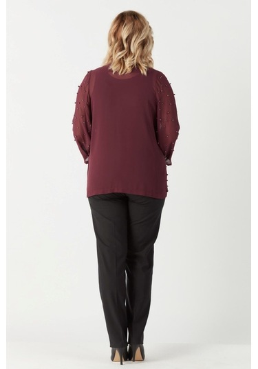 1951 Mürdüm İnci Ve Taş Baskılı Şifon Büyük Beden Şık Ceket Mürdüm