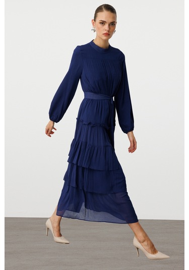 Mizalle Kat Pileli Maksi Lacivert Elbise Lacivert