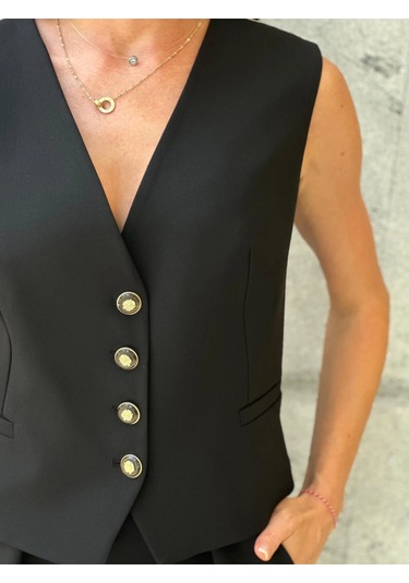 Trend Kadın Önü Düğme Kapamalı Arkası Leopar Desenli Bol Pantolon İkili Takım Siyah