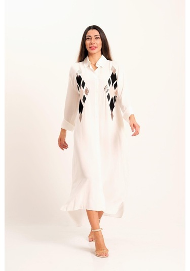 Kadın Beyaz Önü Pul Payet Aplike Nakışlı Kolu Apoletli Uzun Gömlek Elbise-beyaz Beyaz