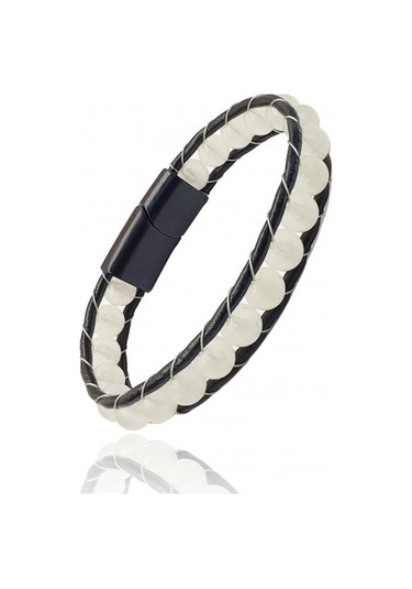 Erkek neon fosforlu deri çelik bileklik Beyaz