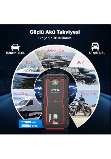 Utrai Jstar One 22000 mAh 2000A Jump Starter Taşınabilir Akü Takviye Cihazı + Çanta + Pusula + Powerbank + Led Lamba